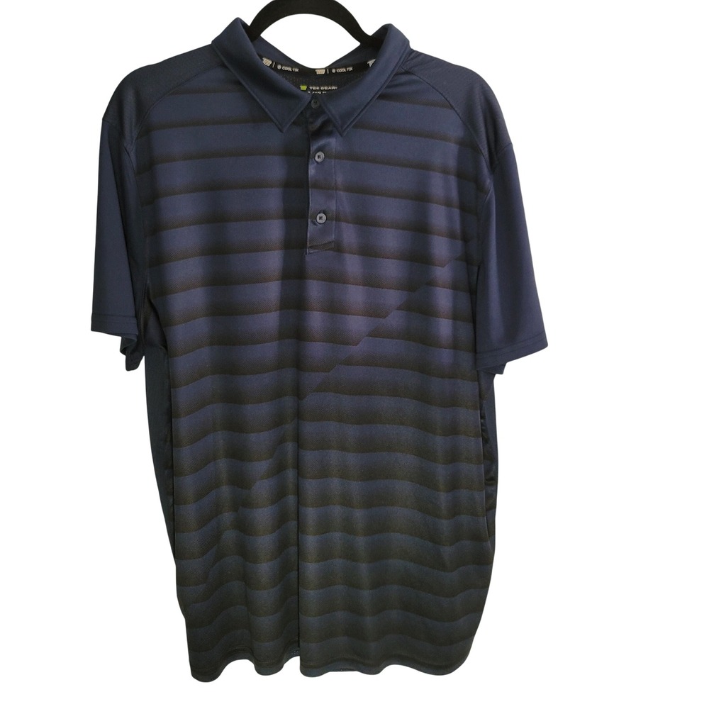 Tek Gear Performance Polo Mens XXL Navy Blue Striped Cool Tek Short Sleeve Shirt